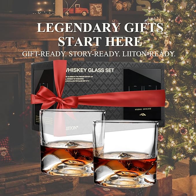 LIITON Denali Mountain Heavy Crystal Whiskey Glasses Gift Set of 2, Thick Freezable Bourbon Glass 1lb Each, Premium Whiskey Gifts for Men, Frozen Crystal Chills Cocktails, 10 oz