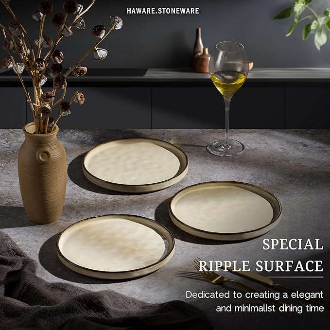HaWare Stoneware Plates Set of 6, 7.9” Salad Plates, Reactive Glaze Ripple Ceramic Dish Set for Appetizer, Dessert, Scratch Resistant, Small Dinner Plate, Microwave and Dishwasher Safe, Saturn Khaki