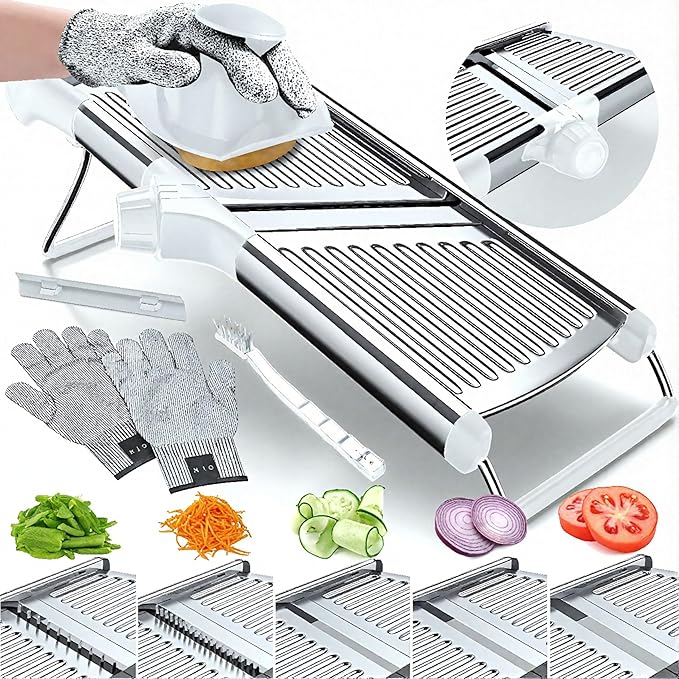 Gramercy Adjustable Mandoline Food Slicer, Mandoline Slicer for Kitchen, Mandolin, Potato, Tomato, Carrot, Vegetable, Fruit and Onion Cutter - Stainless Steel - INCLUDING 1 Pair Cut-Resistant Gloves