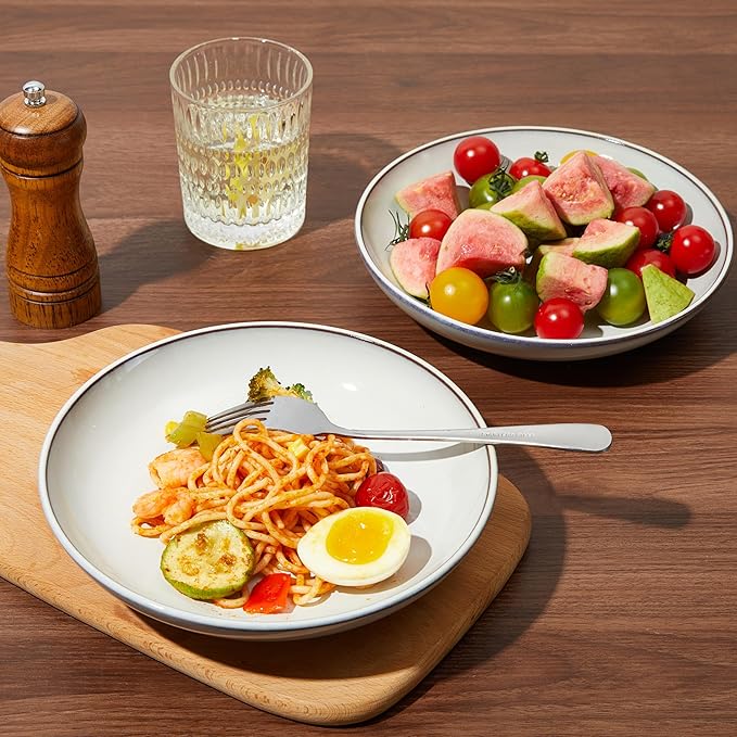 16 Piece Double Bowl Dinnerware Sets with Pasta Bowls, Highly Chip and Crack Resistant Plates and Bowls Sets, Natural Earthyware Ceramic Dishware Sets, Service for 4 Moonstone White