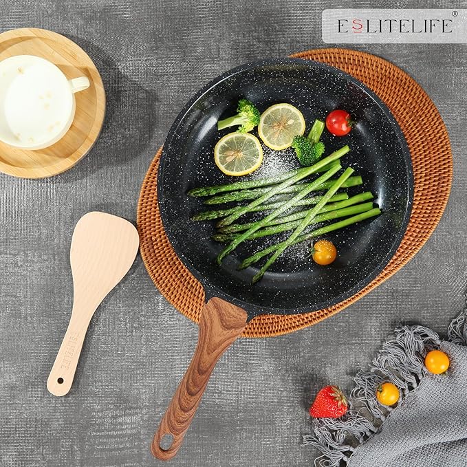 ESLITE LIFE Nonstick Ceramic Frying Pans Skillets Set with Lids, Non-Toxic Egg Omelette Kitchen Cooking Pans Compatible with All Stovetops (Gas, Electric & Induction), PTFE & PFOA Free (Black)