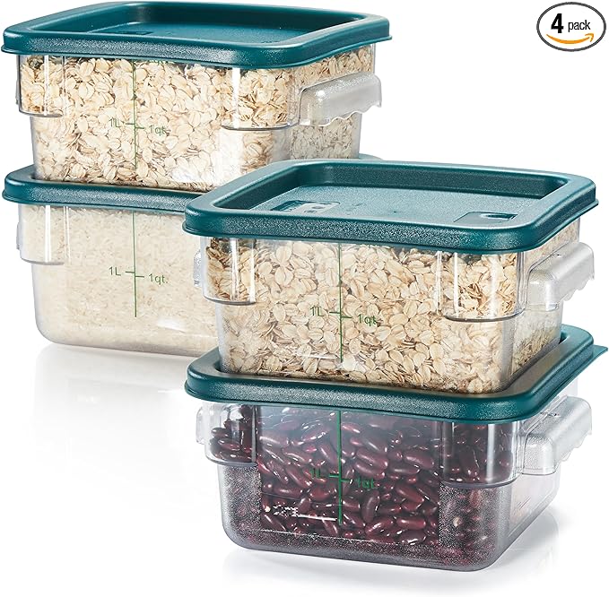 CURTA 4 Pack Food Storage Container with Green Lid - NSF Listed Commercial Grade in 2.0 Qt - Square, Clear, Polycarbonate