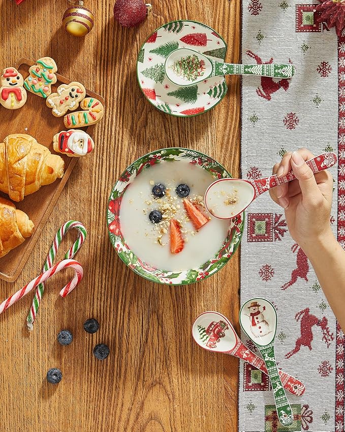 Christmas Spoons, Ceramic Small Serving Spoons for Soups, Cereal, Ice Cream, Condiments, Dips, Charcuterie Boards, Dishwasher & Microwave Safe, Watercolor, Set of 6