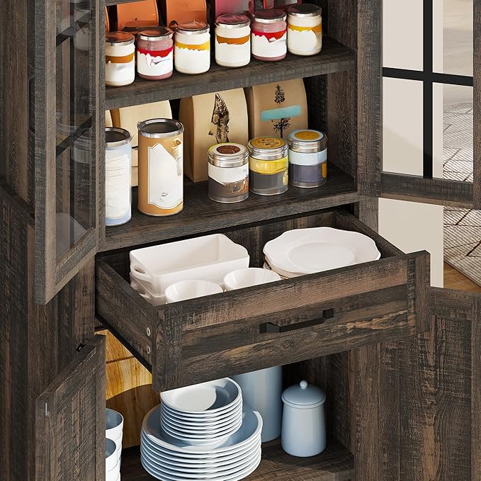 DWVO Farmhouse Kitchen Pantry Cabinet, 71" Tall Storage Cabinet with Adjustable Shelves & Glass Doors, Freestanding Kitchen Cupboard for Dining Room, Living Room, Dark Brown Oak