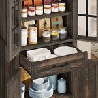 DWVO Farmhouse Kitchen Pantry Cabinet, 71" Tall Storage Cabinet with Adjustable Shelves & Glass Doors, Freestanding Kitchen Cupboard for Dining Room, Living Room, Dark Brown Oak