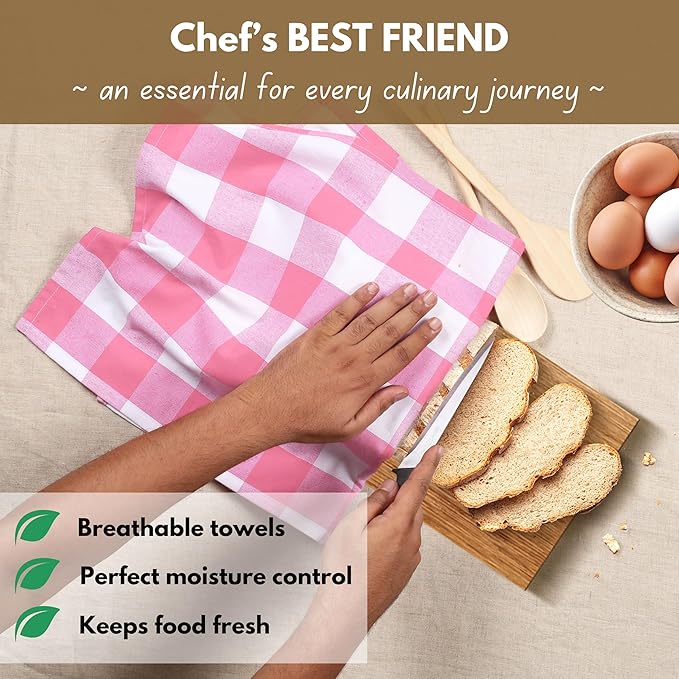 Native Fab Pink Checked Kitchen Towels 16"x26" - 6 Pack Buffalo Plaid Cotton Dish Towels - Absorbent Dishcloth Set, Soft Reusable Towel with Hanging Loop - Pink White