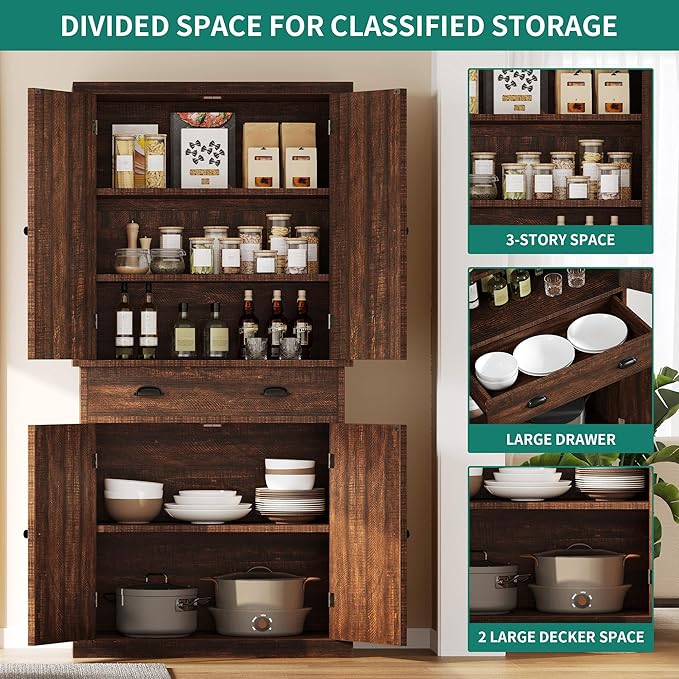 YITAHOME 72'' Tall Kitchen Pantry Cabinets, Farmhouse Storage Cabinets with Barn Doors, Drawer ＆ Adjustable Shelves, Rustic Wood Cupboard for Dining Room, Living Room, Dark Rustic