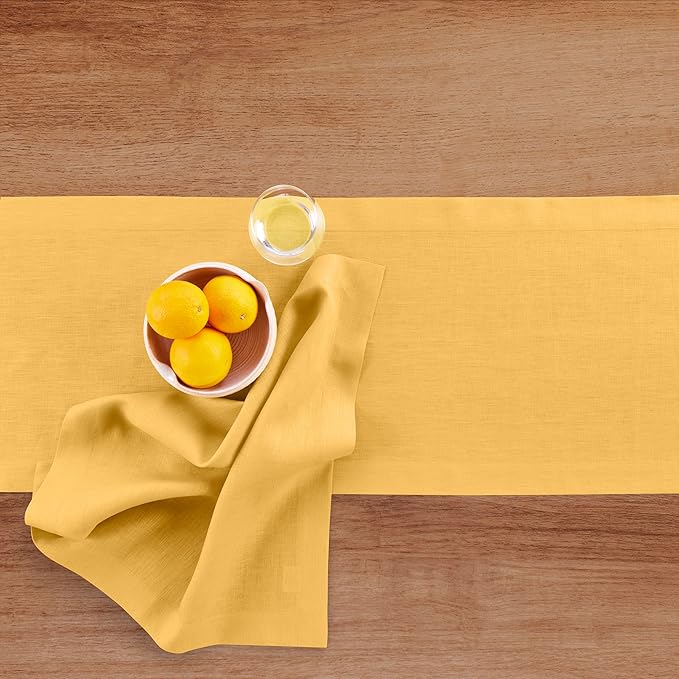 Solino Home Linen Mustard Yellow Table Runner 48 Inches - 100% Pure Linen Farmhouse Short Table Runner 14 x 48 Inch Ideal for Dresser and Coffee Tables - Summer - Fete