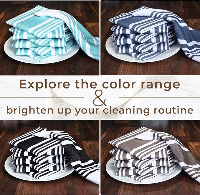 Urban Villa Dish Cloths 100% Cotton Pack of 8, Highly Absorbent Quick Drying Super Soft Premium Dish Towels for Kitchen with Hanging Loop Hand & Tea Towels - 12x12 Inch, (Black & White, Striped)
