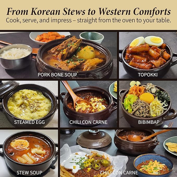 Korean Stone Bowl (34oz) Clay Pot for Cooking Korean Dishes - Brown, Large, Rustic Style - Dolsot, Ttukbaegi, Onggi, Kimchi Stone Donabe - With Lid
