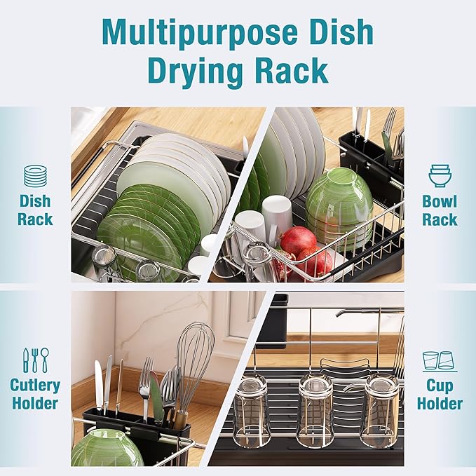 MAJALiS Sink Dish Drying Rack - Use for Countertops & in-Sinks & Over-Sink, Stainless Steel Dish Drainers for Kitchen Counter, Inside Sink Dish Dryer Racks, 10.4''W x 15.5''~23.5''L, Silver