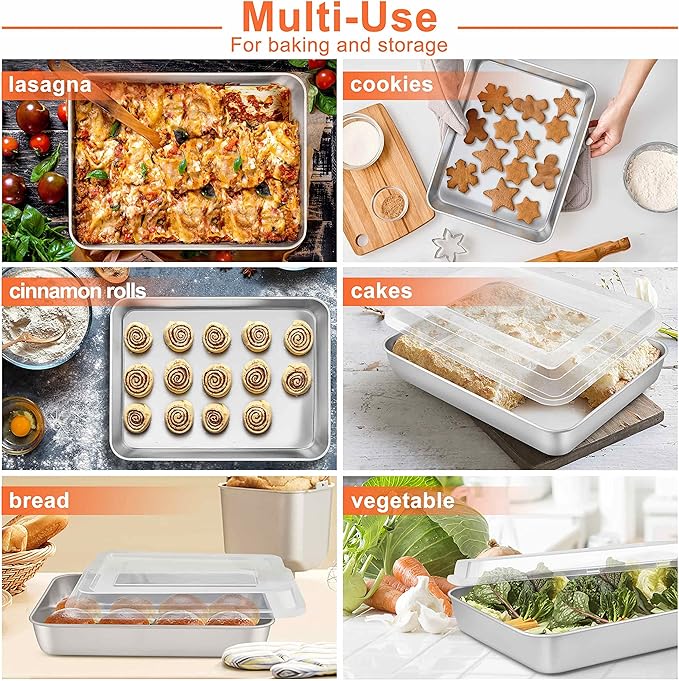 Herogo Baking Pan with Lid, 9 x 12 Inch Stainless Steel Nonstick Deep Pan, Rectangle Cakes Bakeware with Lid for Brownies Casseroles, Non Toxic & Dishwasher Safe, Set of 4