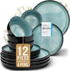 Stoneware dinnerware set 4 persons 12 pcs – Modern style plates and bowls set ceramic – Dishwasher safe and scratch resistant – Bowl and plate set – Dinner service Pure Living black & petrol blue