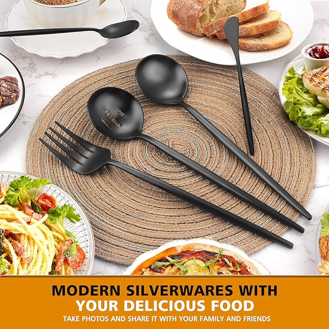 Matte Black Serving Set，Oliviola 5-Piece Stainless Steel Large Hostess Set with Round Edge, Satin Finished, Dishwasher Safe -Large Spoon, Large Fork,Butter Knife，Sugar Spoon & Slotted Spoon
