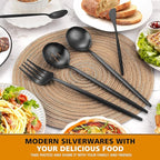 Matte Black Serving Set，Oliviola 5-Piece Stainless Steel Large Hostess Set with Round Edge, Satin Finished, Dishwasher Safe -Large Spoon, Large Fork,Butter Knife，Sugar Spoon & Slotted Spoon