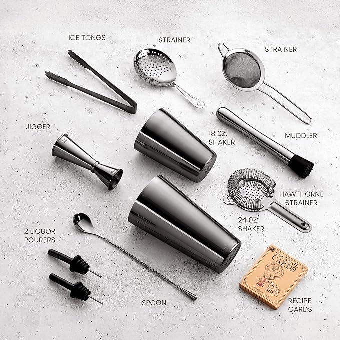 Mixology & Craft Cocktail Shaker Set - 11-Piece Bar Accessories Kit w/Weighted Boston Shaker, Strainer, Jigger, Muddler and More - Home Bartending Tools, Accessories for Bartender, Black