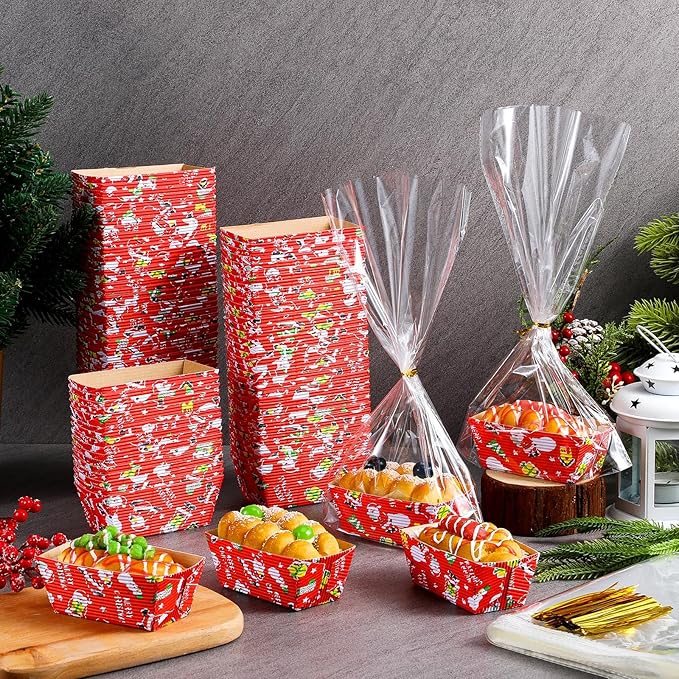 100 Sets Christmas Paper Loaf Pans Mini Disposable Baking Bread Pans with 100 Pcs Clear Bread Bags with Ties Rectangle Loaf Molds for Cake Oven Baker(3.2 x 1.6 x 1.6 Inches)