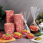 100 Sets Christmas Paper Loaf Pans Mini Disposable Baking Bread Pans with 100 Pcs Clear Bread Bags with Ties Rectangle Loaf Molds for Cake Oven Baker(3.2 x 1.6 x 1.6 Inches)