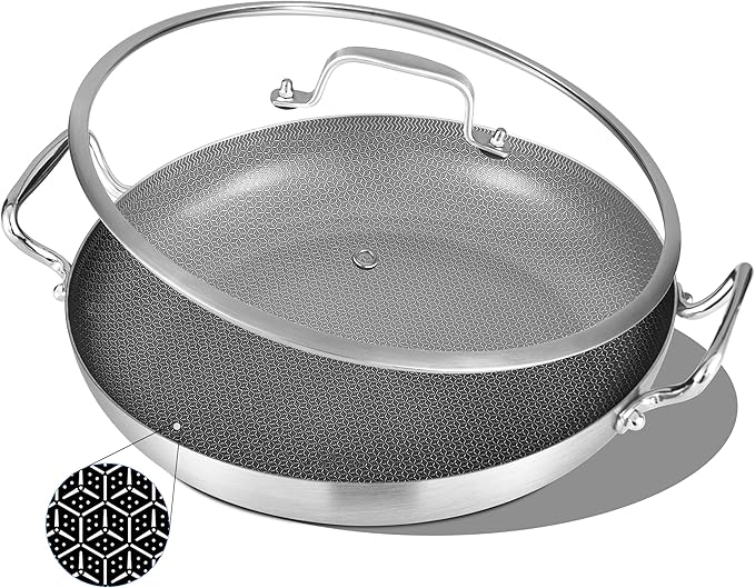 Inqibee 13-Incn Hybrid Tri-Ply Stainless Steel Ceramic Non Stick Paella Pan with Lid,Griddle,Large Skillet,Induction Cooking Pan,Dishwasher and Oven Safe
