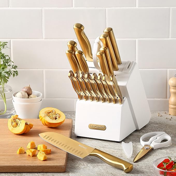 McCook® Kitchen Knife Sets, Golden Titanium Stainless Steel Knives Block Set with Built-in Sharpener