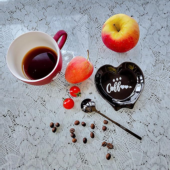 Heart-shaped Coffee Spoon Rest, Mini Coffee Spoon Holder, Small Ceramic Spoon Rest for Coffee Stirrers, Teaspoon, Bar Spoon, Coffee Bar Accessories, Coffee Station (Ture black+black Spoon)