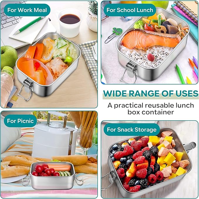HaWare Stainless Steel Bento Box, 19oz (550ML) Leak-Proof Lunch Box for Kids Adults, Metal Food Containers for Snack Meal Sandwich, Reusable Lunch Containers with Locking Clips, Dishwasher Safe