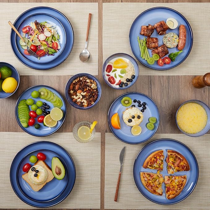 Blue Stoneware Dinnerware Set, 12 pcs Reactive Glaze Plates and Bowls Sets, Handmade Round Dishes Set for 4, Highly Chip and Crack Resistant Modern Plate Set