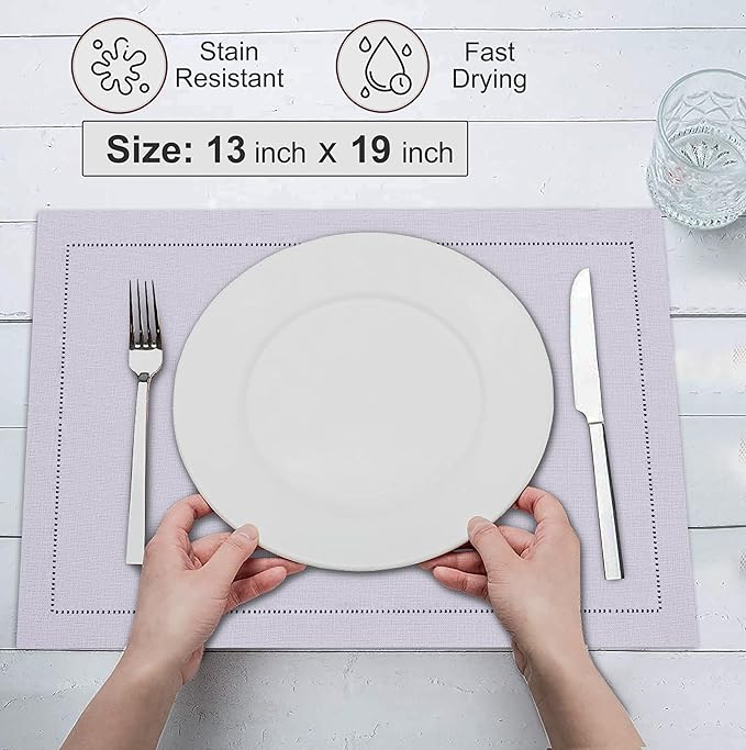 Ruvanti Linen Placemats Set of 6-13x19 Inch, Classic Hemstitch, Heat ‎Resistant Machine Washable Place Mats, Soft & Elegant- Perfect for Christmas, ‎Thanksgiving, Weddings, Dinner - Lavender Grey