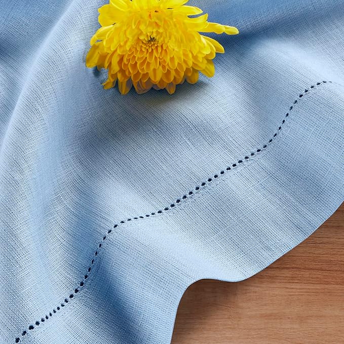 Solino Home Cornflower Blue Linen Tablecloth 60 x 90 Inch - 100% Pure Linen Hemstitch Table Cloth for Rectangle Tables - Classic Hemstitch, Machine Washable Tablecloth for Summer