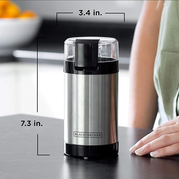 BLACK+DECKER One Touch Coffee Grinder, 2/3 Cup Coffee Bean Capacity, Spice Grinder, One Touch Push-Button Control -150 Watts -Stainless Steel Blades (Pack of 4)