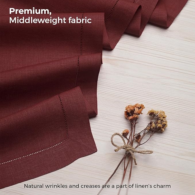 D'Moksha Homes Linen Dark Red Table Runner 108 Inches Long - 100% Pure Linen 14 x 108 Inch Table Runner for Summer, Fall and Halloween - Classic Hemstitch