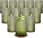 15 OZ Hobnail Drinking Glasses Set of 12 - Vintage Embossed Glassware, Textured Tumblers for Water, Beer, Cocktails & Whiskey – Includes Straws and Coasters – Green