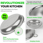 Premium 18/8 304 Stainless Steel Large Colander Set of 3, Comfortable Micro-Perforated Shallow Strainers, 5.5-7-10 Quart Tray Set, Self-Draining Solid Base for Pasta, Fruits, Vegetables