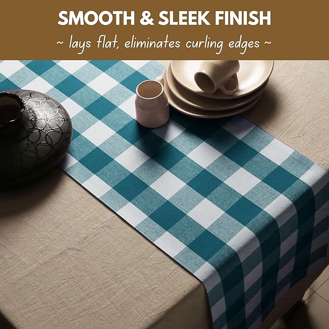 Native Fab Table Runner Buffalo Check Plaid 100% Cotton - 13x102 Inches Kitchen Dining Table Decoration for Indoor Outdoor Farmhouse Home Party Decor - Teal Green and White