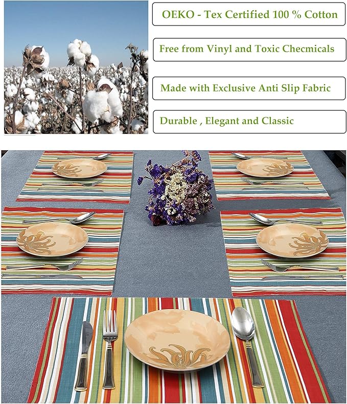 Ruvanti Placemats 100% Cotton 13x19 Inch, Dining Table Placemats Set of 6, Place Mats for Dining Table Decor, Kitchen & Table Linens, Coffee Mat for Christmas Dinners - Multi Stripe