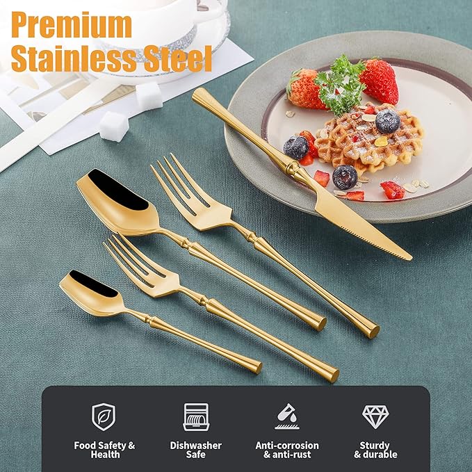 Lemeya 20-Piece Gold Silverware Set for 4,Modern 18/10 Stainless Steel Flatware Set,Unique Rustic Cutlery Utensils Set,Spoon and Fork Set for Home, Restaurant,Wedding,Mirror Polished,Dishwasher Safe