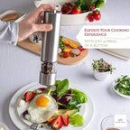 Electric Salt and Pepper Grinder - Single Battery Operated Stainless Steel Salt or Pepper Mill with Light - Automatic One Handed Operation with Adjustable Ceramic Grinder