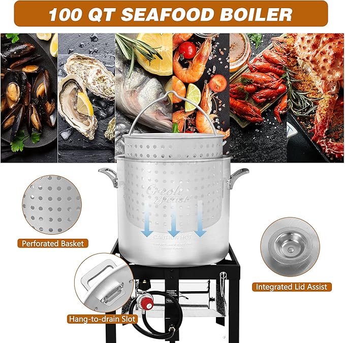 Creole Feast SBK1001 100 Qt Seafood Boiling Kit with Strainer, Outdoor Seafood Boil Pot and Basket with 100,000 BTUs Propane Burner and 10 PSI Regulator, Black & Silver