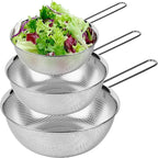 Premium 18/8 304 Stainless Steel Strainer Set of 3 with Long Handle, Micro-Perforated Colanders 1.5-2.5-4 Quart Set, Self-Draining Solid Base for Pasta, Fruits, Vegetables, Made in Korea