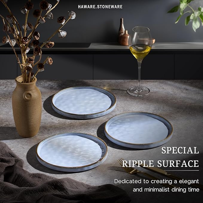 HaWare Stoneware Plates Set of 6, 7.9" Salad Plates, Reactive Glaze Ripple Ceramic Dish Set for Appetizer, Dessert, Scratch Resistant, Small Dinner Plate, Microwave and Dishwasher Safe, Reactive Blue