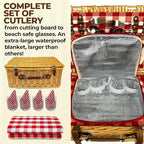 Nature Gear Picnic Basket, Wicker Basket with Handle for Outdoors, Insulated Woven Basket, Includes a Service Kit of Dinnerware & Wine Glasses, Picnic Basket Set for 4 with Blanket, Red & White