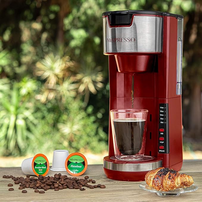 Mixpresso Red Single Serve Coffee Brewer K-Cup Pods Compatible & Ground, 30 oz Compact Coffee Maker Single Serve With 5 Brew Sizes Up To 14 Oz, Fits Travel Mug, Adjustable Drip Tray