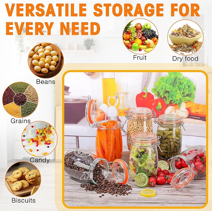 Wide Mouth Mason Jars 32 oz, 6 Pack Glass Canning Jars with Airtight Lid, Large Clear Canister Quart Jars for Pickling Flour Salad Jam Jelly Coffee Sugar Beans Kitchen Storage (6 Pack 32OZ)