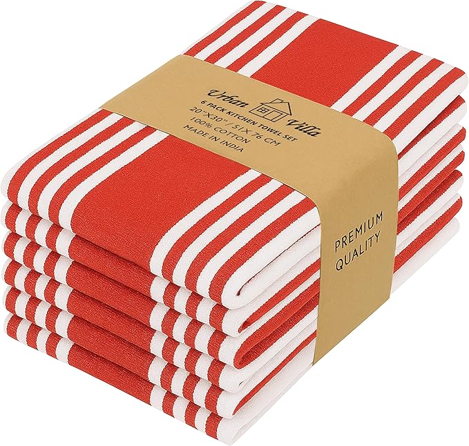 Urban Villa Kitchen Towels 100% Cotton Pack of 6, Highly Absorbent Quick Drying Super Soft Premium Dish Towels for Kitchen with Hanging Loop Hand & Tea Towels - 20x30 Inch, (Red & White, Striped)