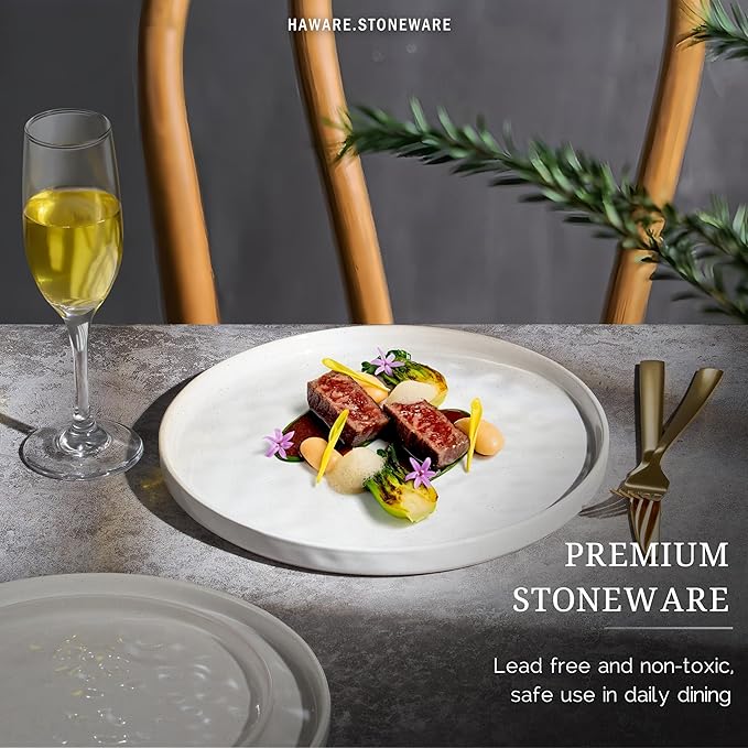 HaWare Stoneware Dinner Plates Set of 6, 10" Heavy Duty Ceramic Plate, Reactive Glaze Ripple Dinnerware for Home Restaurant, Chip and Scratch Resistant, Microwave and Dishwasher Safe, Speckled White