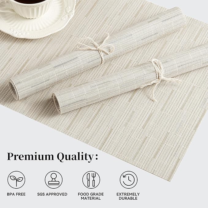 Leetaltree Pale Beige Placemats Set of 6 - Heat Resistant Non-Slip Place mats for Dining Table, Washable Durable PVC Vinyl Woven Table Mats（Pale Beige, 6）