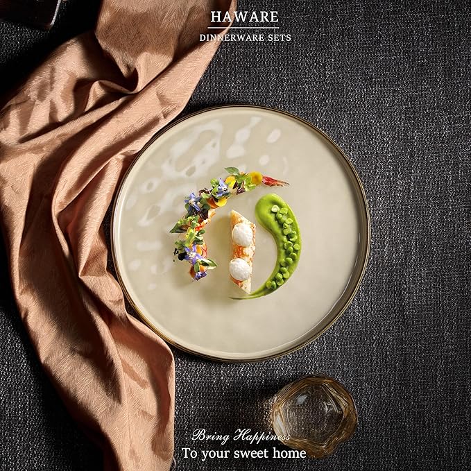 HaWare Stoneware Plates Set of 6, 7.9” Salad Plates, Reactive Glaze Ripple Ceramic Dish Set for Appetizer, Dessert, Scratch Resistant, Small Dinner Plate, Microwave and Dishwasher Safe, Saturn Khaki