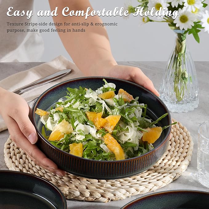 E-far Pasta Bowls Set of 4, 35oz Large Salad Bowl Plate for Dinner Serving, Wide & Shallow Ceramic Stoneware Pasta Plates, Microwave & Dishwasher Safe, Reactive Glaze Textured Stripes, Blackish Green