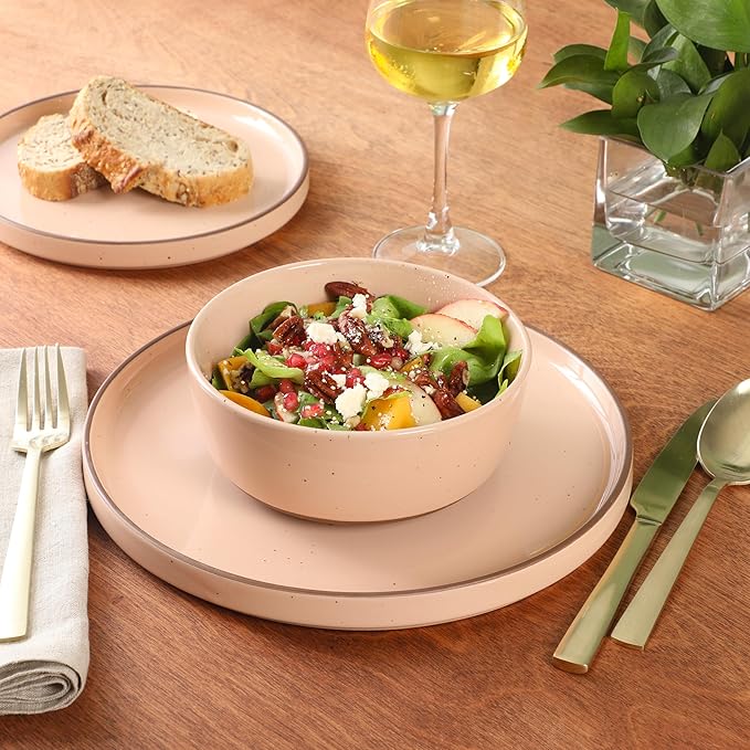 Gibson Elite Northrock Stoneware Dinnerware Set, 16-Piece Service for 4 Plates and Bowls Set – Pink Dishes with Hand-Painted Terracotta Base