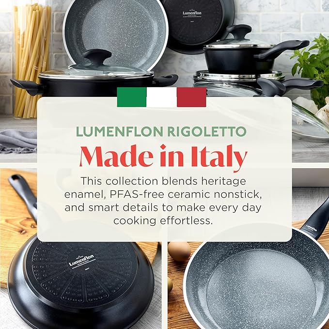 Rigoletto 9.5” Nonstick Frying Pan Skillet, Made in Italy, Vesuvio Layered Ceramic PFAS-Free Surface, Induction Ready, Dishwasher & Metal Utensil Safe, Granite Finish, Stay-Cool Handle,Black